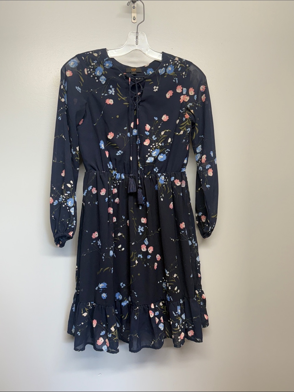 Floral Tie Smocked Waist Long Sleeve Midi Dress in Navy